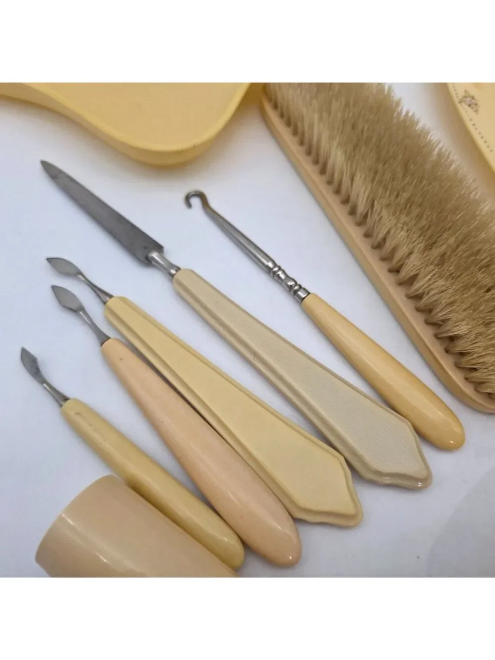 Vintage Ivory Celluloid Manicure Grooming Set Brush Tools 8-Piece Lyra Lin Dubar - Picture 2 of 11